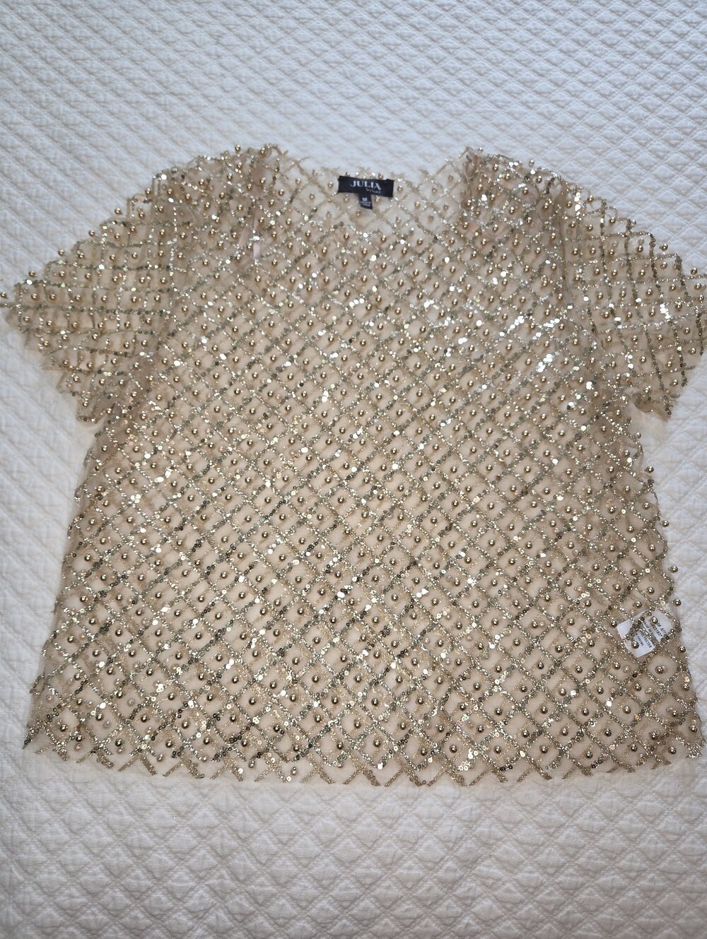 Julia by Love J Sheer Mesh Gold Sequin Beaded Short Sleeve Top Size Medium